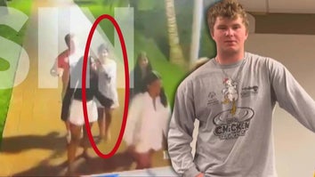 Surveillance image of Sudiksha Konanki in a group with a red circle around her / Joshua Riibe, who claims to have saved her life 