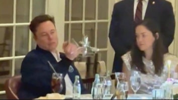 Elon Musk balancing silverware on his finger at a Mar-a-lago party; his partner, Shivon Zilis, seated next to him