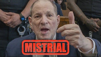 Harvey Weinstein in court, the word "Mistrial" below him in red
